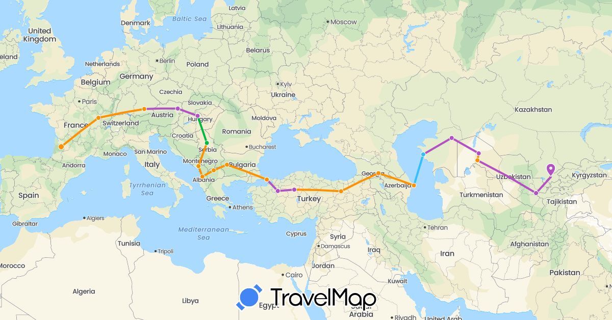 TravelMap itinerary: driving, bus, train, boat, hitchhiking in Albania, Austria, Azerbaijan, Bulgaria, Germany, France, Georgia, Hungary, Kazakhstan, Montenegro, Macedonia, Serbia, Turkey, Uzbekistan (Asia, Europe)